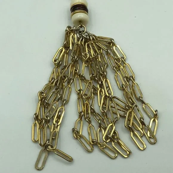 VINTAGE Gold Tone Tassel Beaded Pendant Retro Necklace, Disco Party Studio 54 - Picture 15 of 16